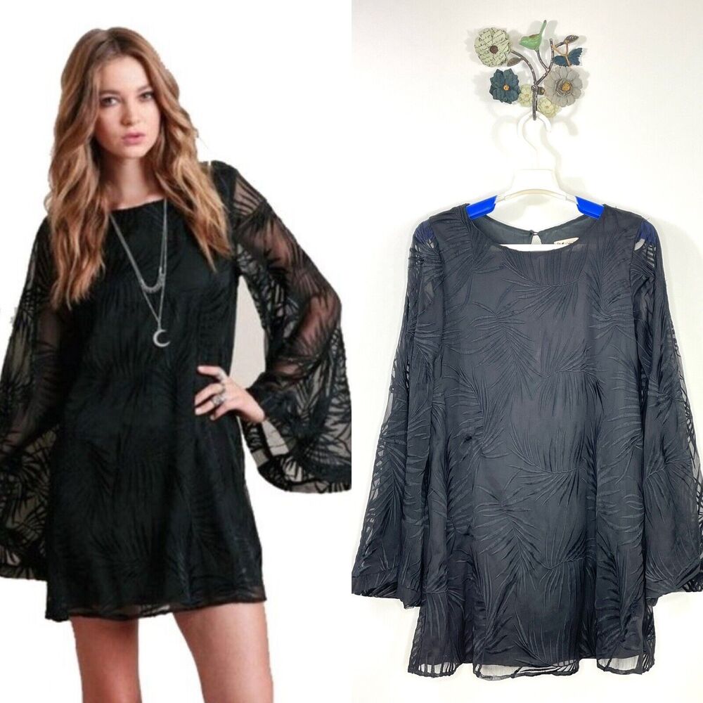 Show Me Your Mumu Swing Mini Dress Size Small Black Embroidered Bell Sleeve